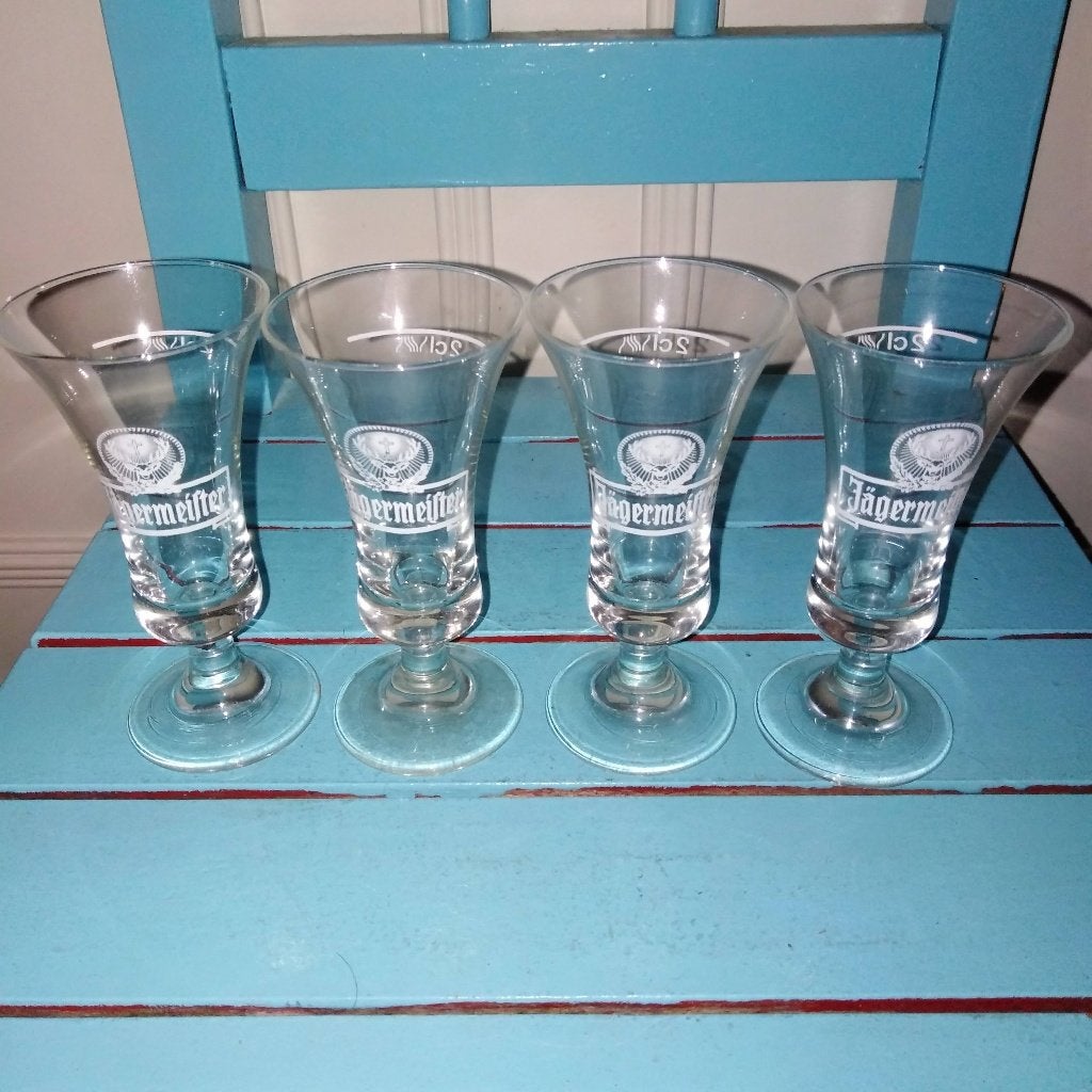 Jagermeister borrel glaasjes met maatstreepje set van 4, Verzamelen, Glas en Borrelglaasjes, Ophalen, Gebruikt, Borrel- of Shotglas
