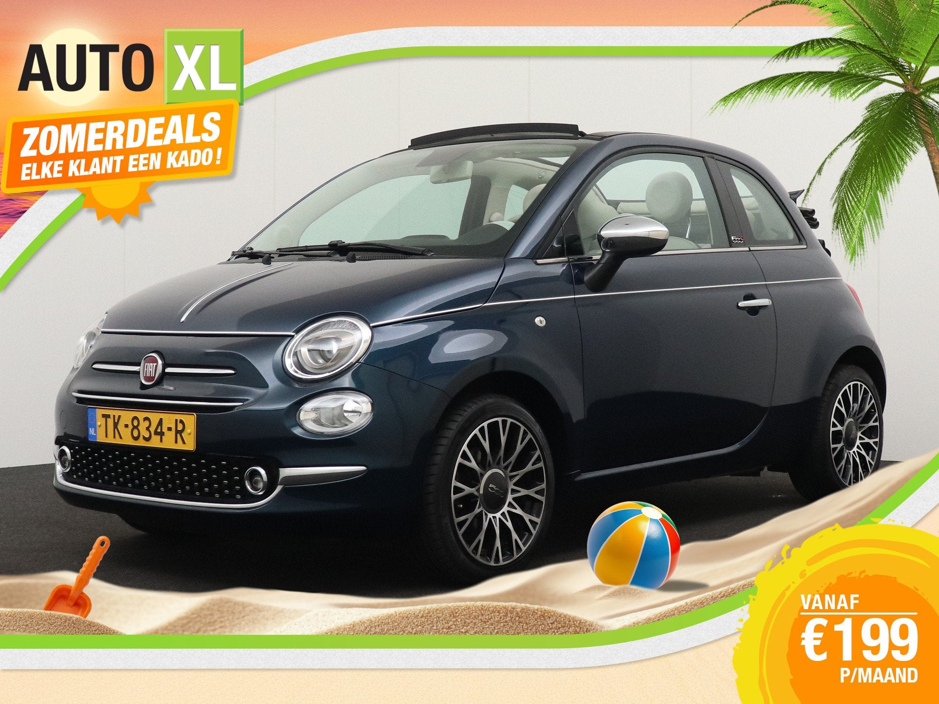 Fiat 500C 0.9 TwinAir Turbo Collezione Cabrio Navi Airco 16', Stof, Gebruikt, Cabriolet, Origineel Nederlands