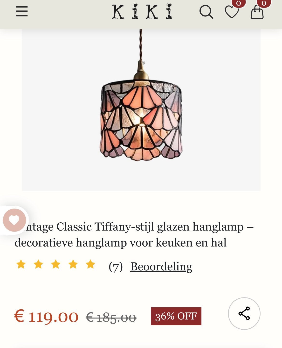Vintage Tiffany-stijl glazen hanglamp, Ophalen, E14 (klein), Nieuw, Glas
