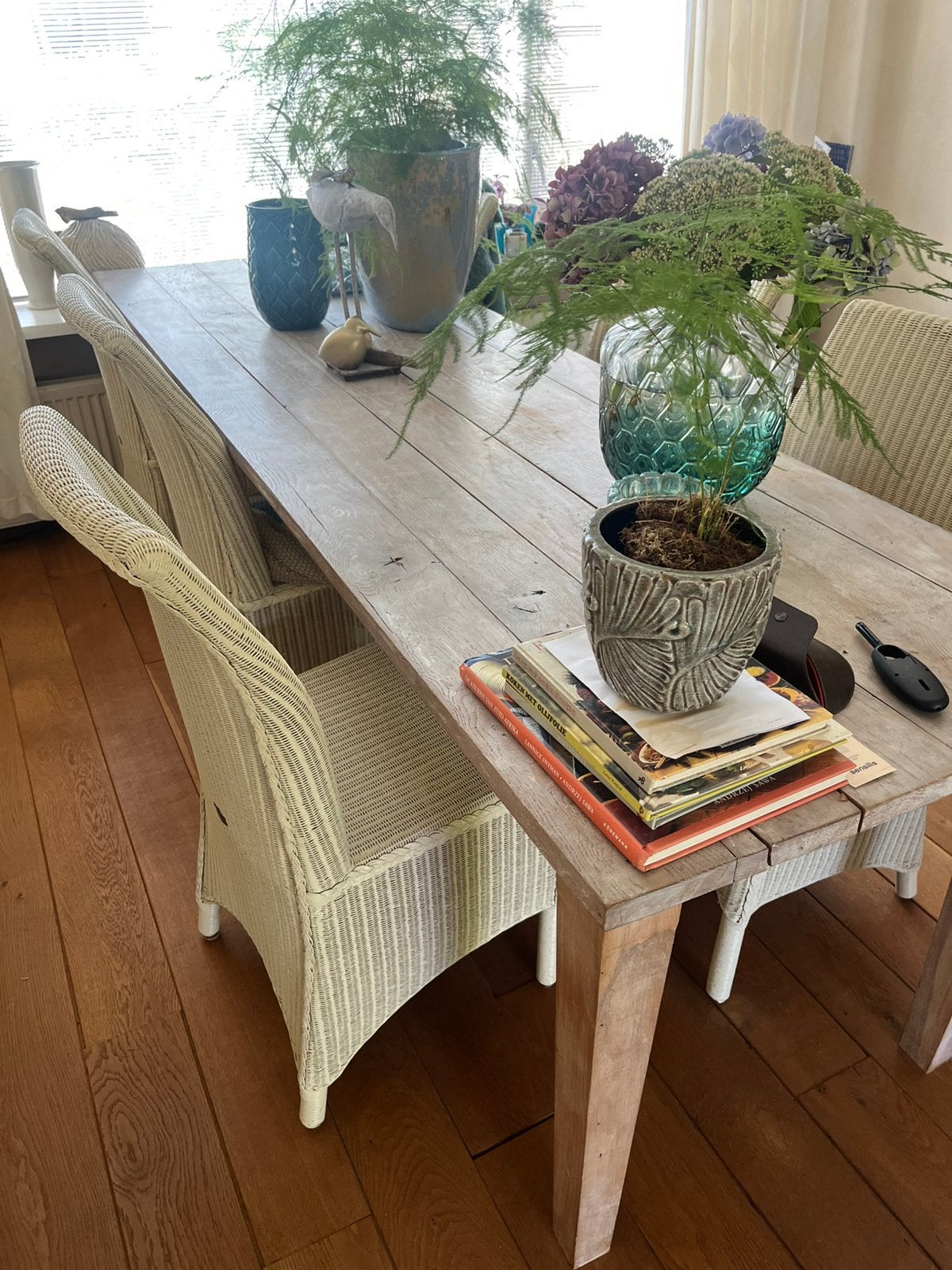 Mooie grote eiken tafel met 6 stoelen, Ophalen, 200 cm of meer, 50 tot 100 cm, Zo goed als nieuw
