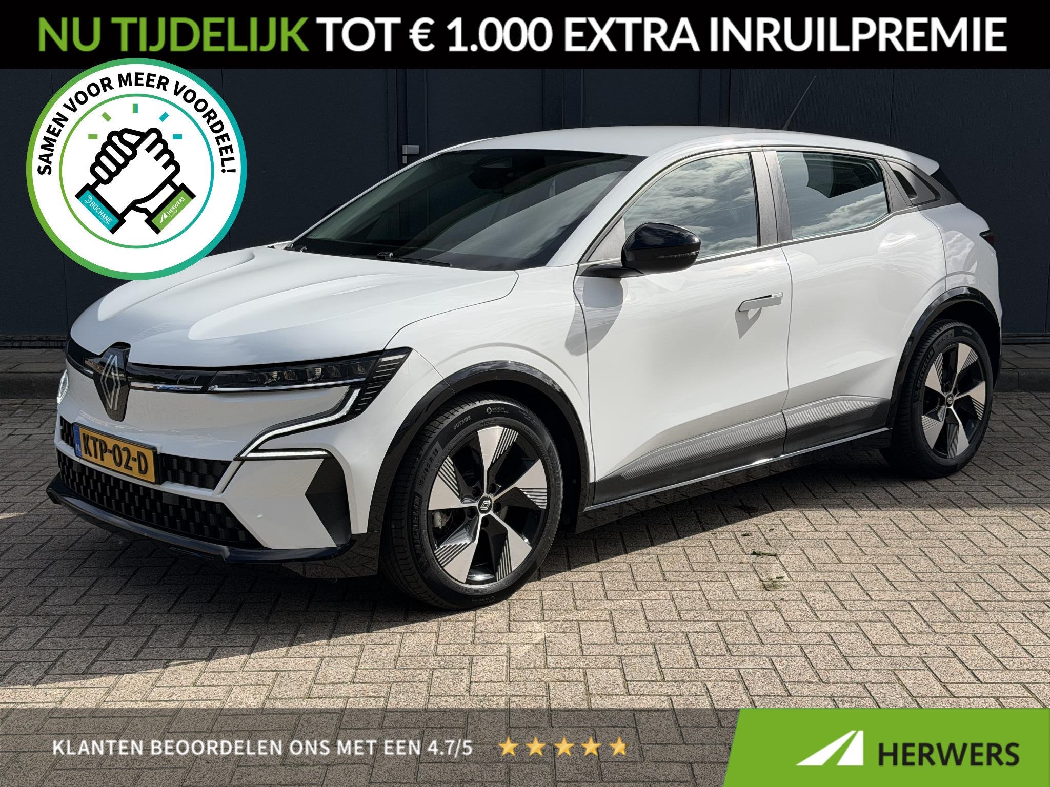 Renault Megane E-Tech EV40 Equilibre / SOH 94,79% / Navigati, Auto's, Stof, Gebruikt, 300 km, Wit