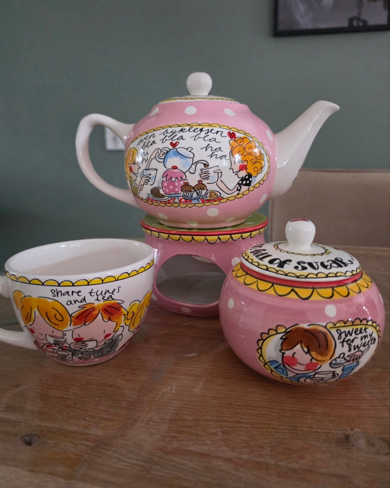 Blond Amsterdam theepot met theelicht, suikerpot en kopje, Huis en Inrichting, Gebruikt, Keramiek, Ophalen of Verzenden, Theepot