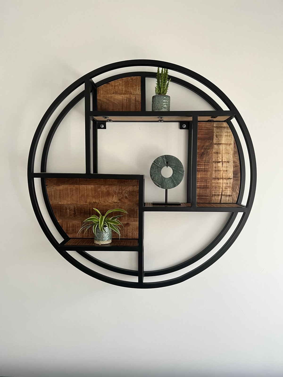 Industrieel wandrek, rond, zwart metaal + mangohout, 95 cm, Ophalen, Zo goed als nieuw