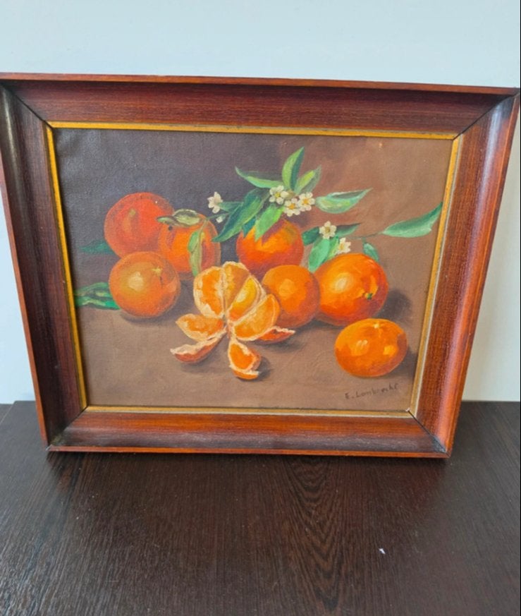 Origineel Olieverf Schilderij Emile Lambrecht Mandarijnen, Doek, Realistisch, Stilleven, Ophalen of Verzenden
