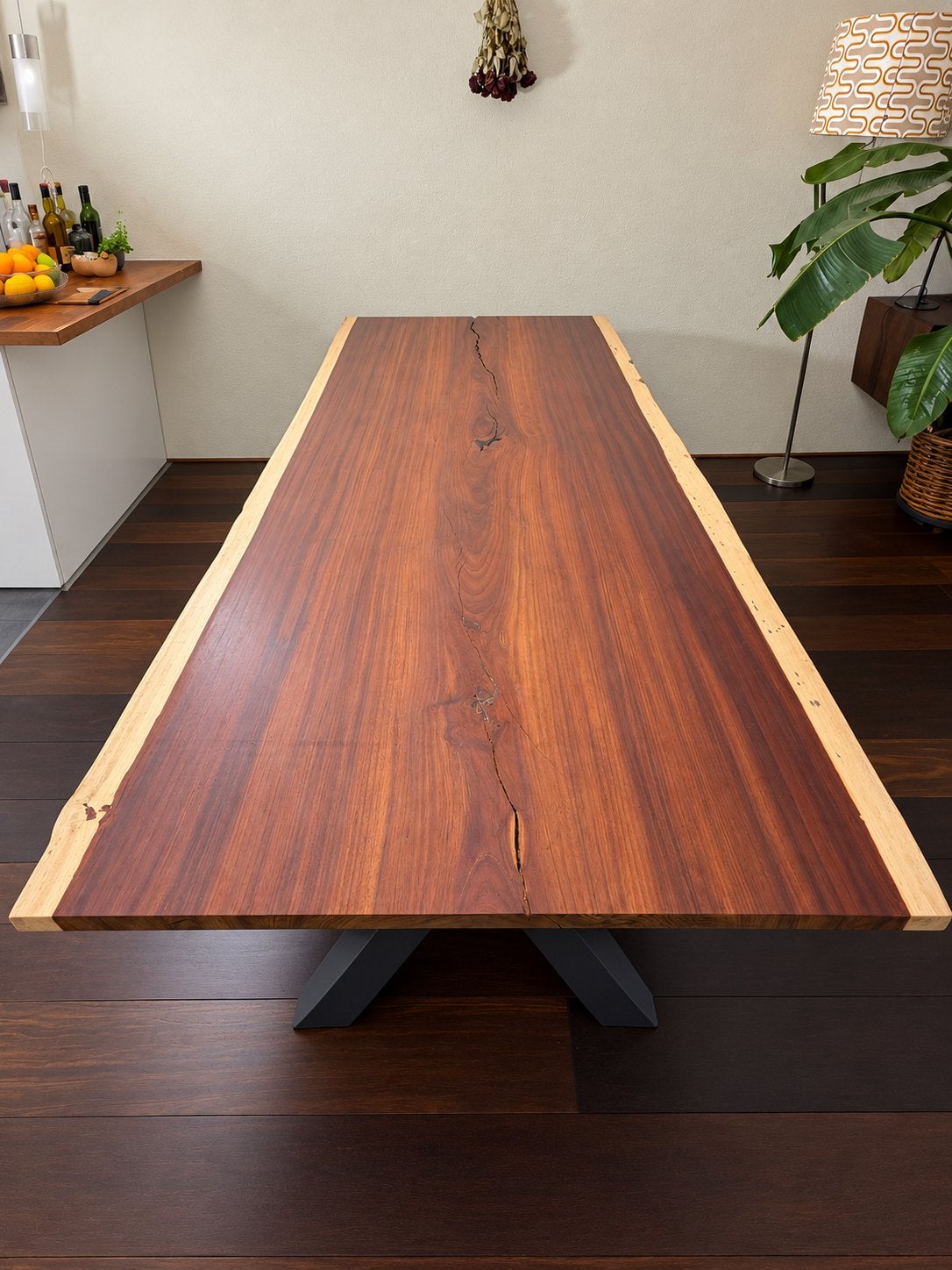 Padoek boomstamtafel met matrixpoot., Ophalen, 100 tot 150 cm, 200 cm of meer, Zo goed als nieuw
