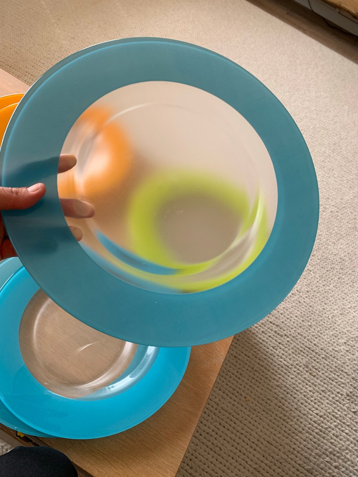 Set van 4 kleurrijke borden - turquoise, oranje, limoengroen, Ophalen, Gebruikt, Glas, Bord(en)