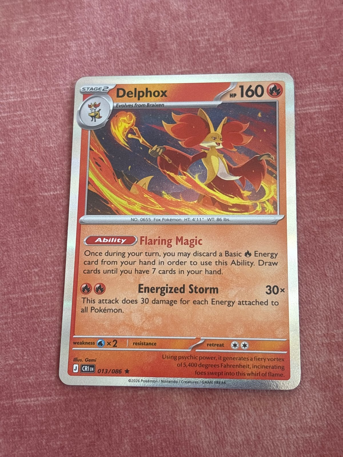 Delphox 13 Holo Chaos Rising Pokémon Kaart, Hobby en Vrije tijd, Verzamelkaartspellen | Pokémon, Zo goed als nieuw, Losse kaart