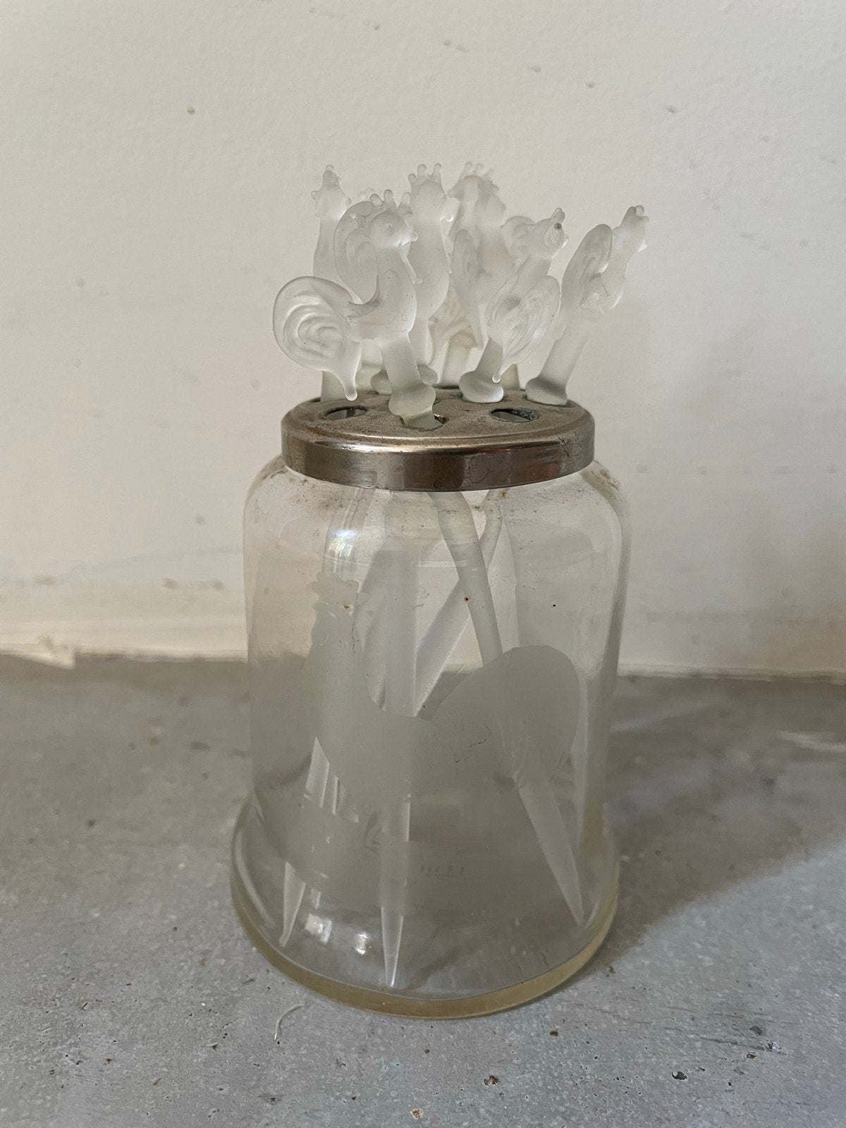 Vintage Glazen Cocktail Prikkers met Haan Decoratie, Ophalen of Verzenden