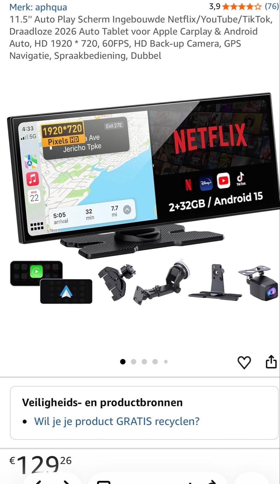 APHQUA Draadloos CarPlay Scherm met Netflix & YouTube, Ophalen of Verzenden, Nieuw