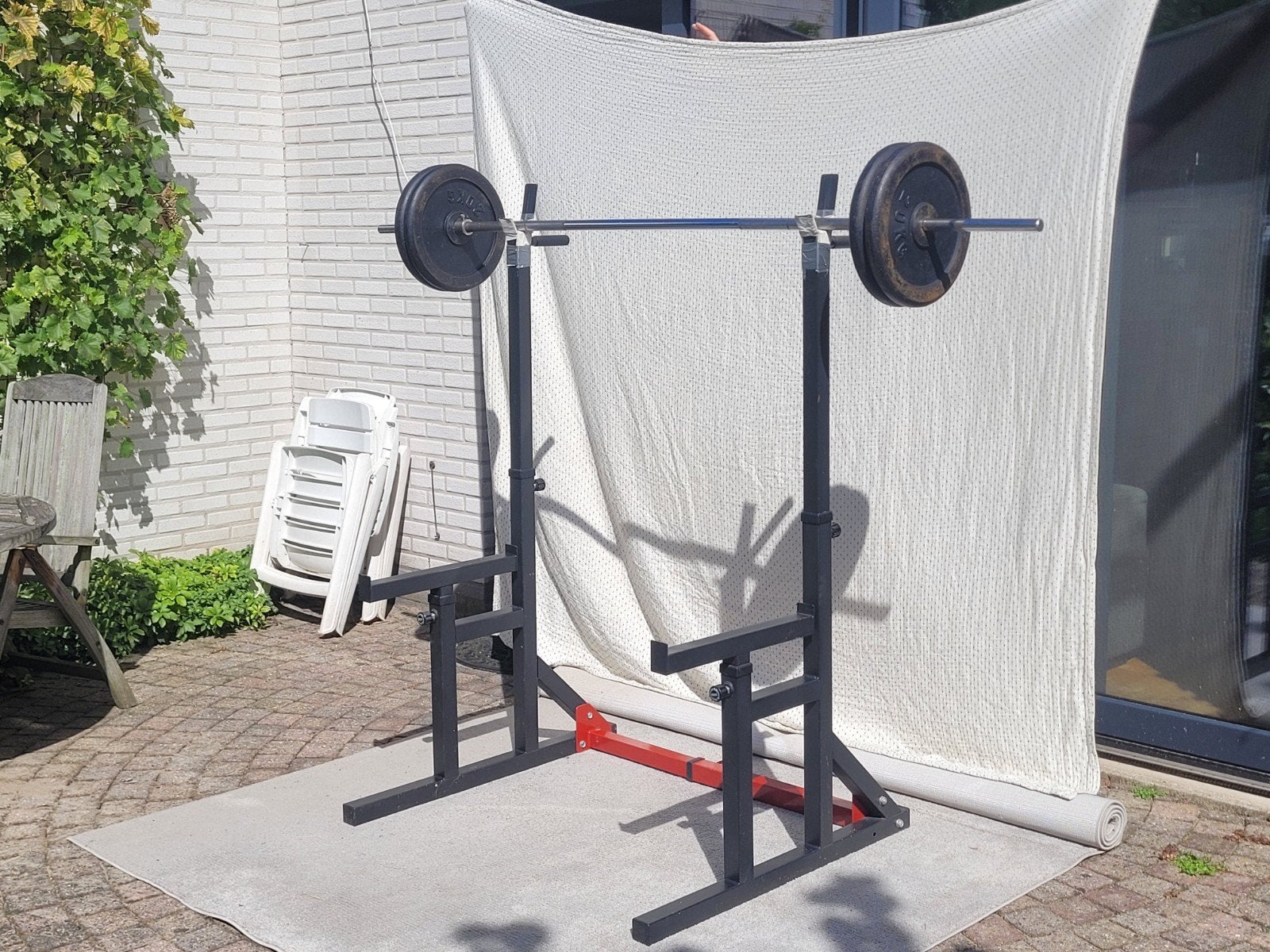 Squat rek, halterstang en 4x 20kg stalen platen, Sport en Fitness, Ophalen, Gebruikt, Benen, Halterset