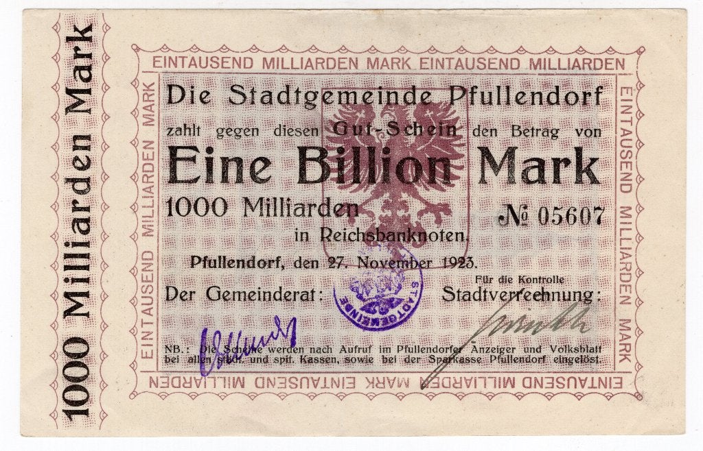 Duitsland 1 Biljoen Mark noodgeld Pfullendorf 1923 xf, Postzegels en Munten, Bankbiljetten | Europa | Niet-Eurobiljetten, Verzenden