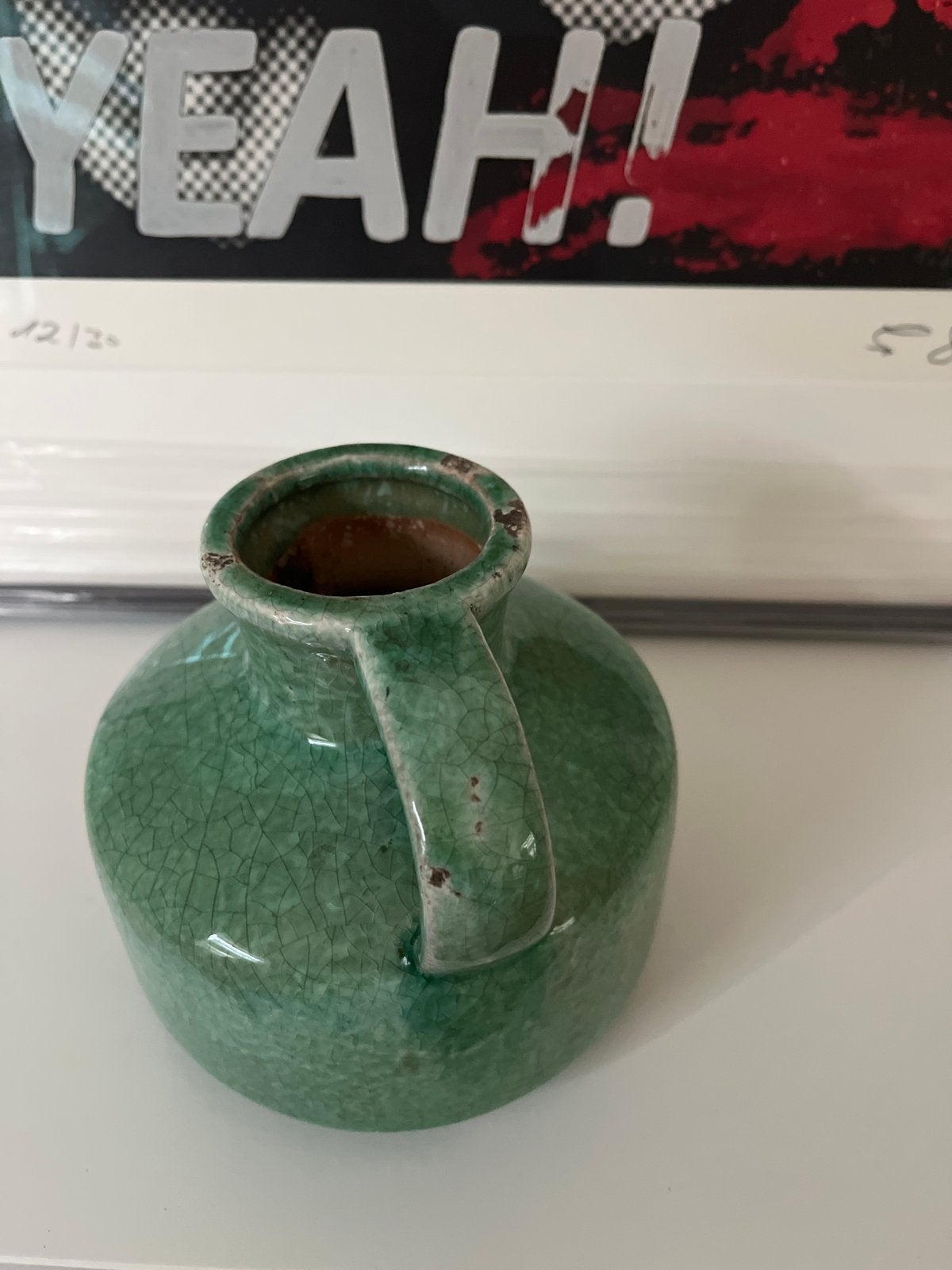 Vintage Groene Craquelé Keramische Vaas met Handvat, Ophalen of Verzenden