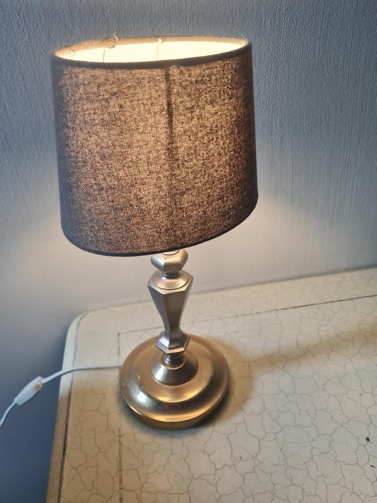 Vintage tafellampje koper en tin grijze kap, Antiek en Kunst, Curiosa en Brocante, Ophalen of Verzenden