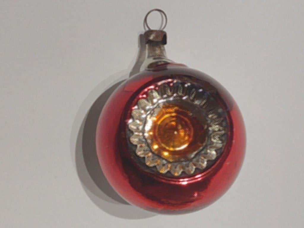 oude deukbal / rood zilver oranje / doorsnee 5 cm / kerst, Ophalen, Gebruikt
