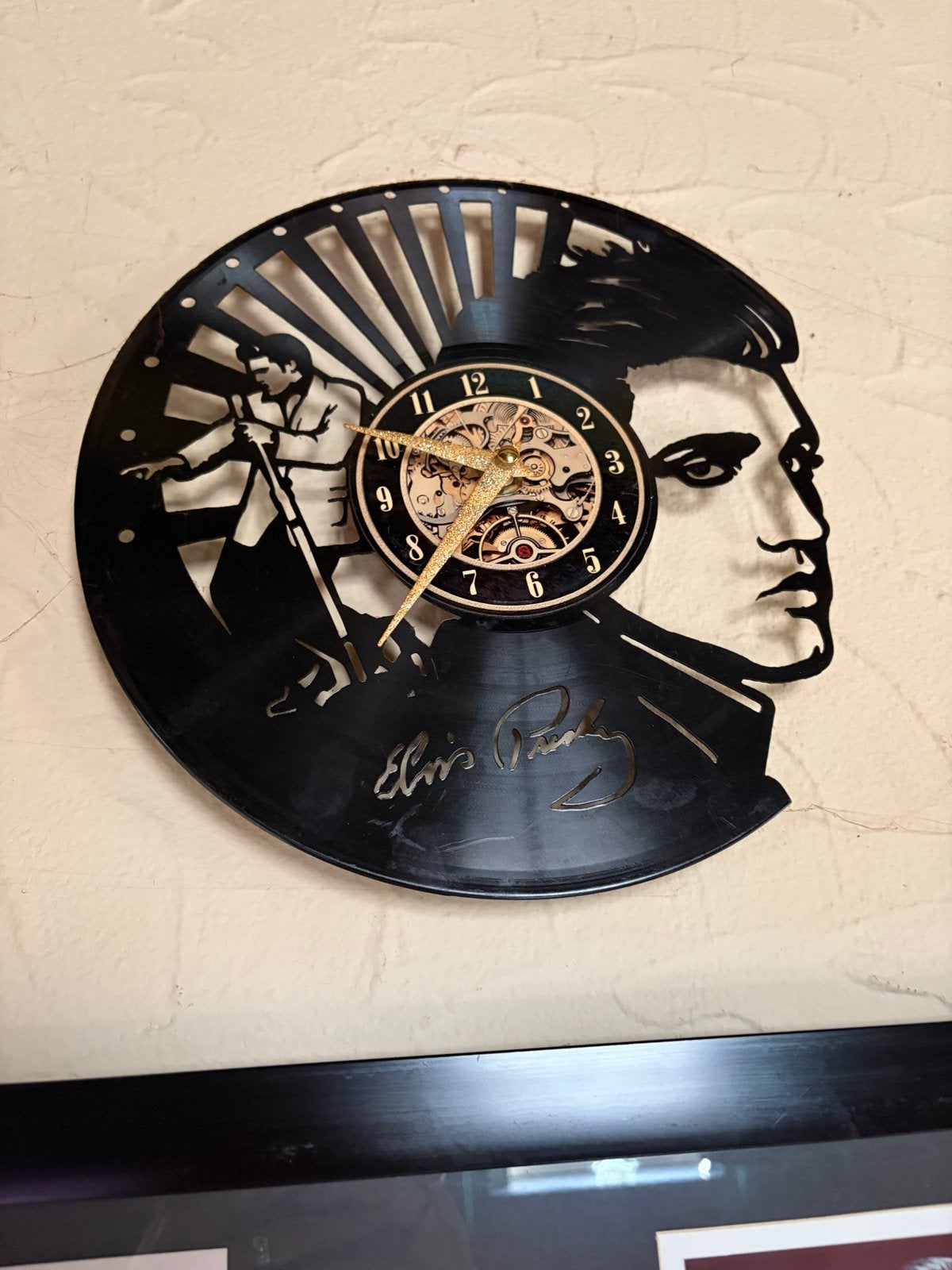 Elvis Presley wandklok van vinylplaat, Ophalen, Zichtbaar uurwerk, Vintage, Analoog