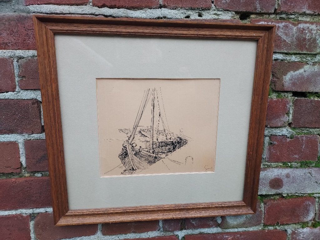 Ets van een aangemeerde botter., Ingelijst, 35 cm, 32 cm, 1900 - 1949