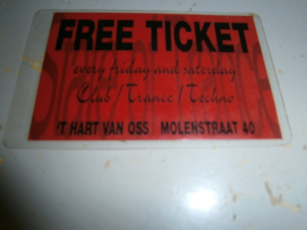 Zeldzaam Free Ticket – ’t Hart van Oss – Club/Trance/Techno, Ophalen, Gebruikt, A4 of kleiner, Rechthoekig Liggend