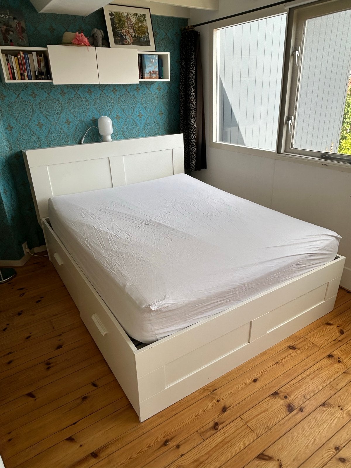 Wit bedframe met opberglades - 160x200 cm, Ophalen, Gebruikt, Wit, Tweepersoons