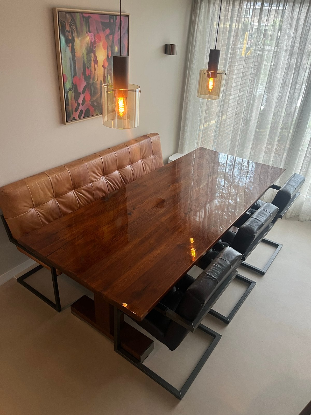 Unieke Eetkamer Set: Eiken Tafel met Epoxy, Leer Stoelen, Gebruikt, 100 tot 150 cm, Eikenhout, 200 cm of meer