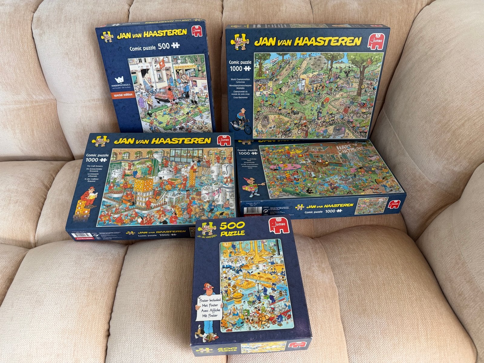 5x Jan van Haasteren legpuzzels - puzzelpakket, Ophalen of Verzenden, 500 t/m 1500 stukjes, Gebruikt, Legpuzzel