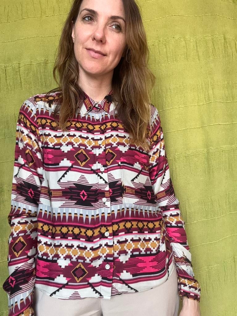Vintage H&M blouse / shirt - print - Aztek style - 38/M, Maat 38/40 (M), Hgv, Blauw, Hgv