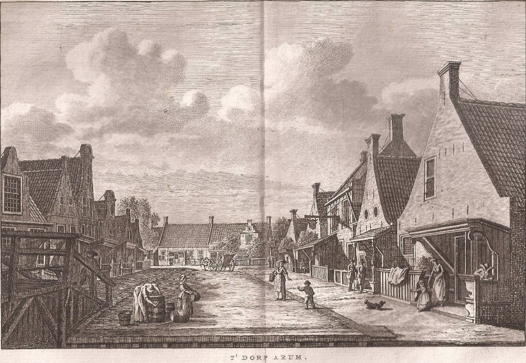 't Dorp Arum. Kopergravure K.F. Bendorp naar J. Bulthuis, Antiek en Kunst, Stadsgezicht, 23 cm, Ophalen of Verzenden, 16 cm