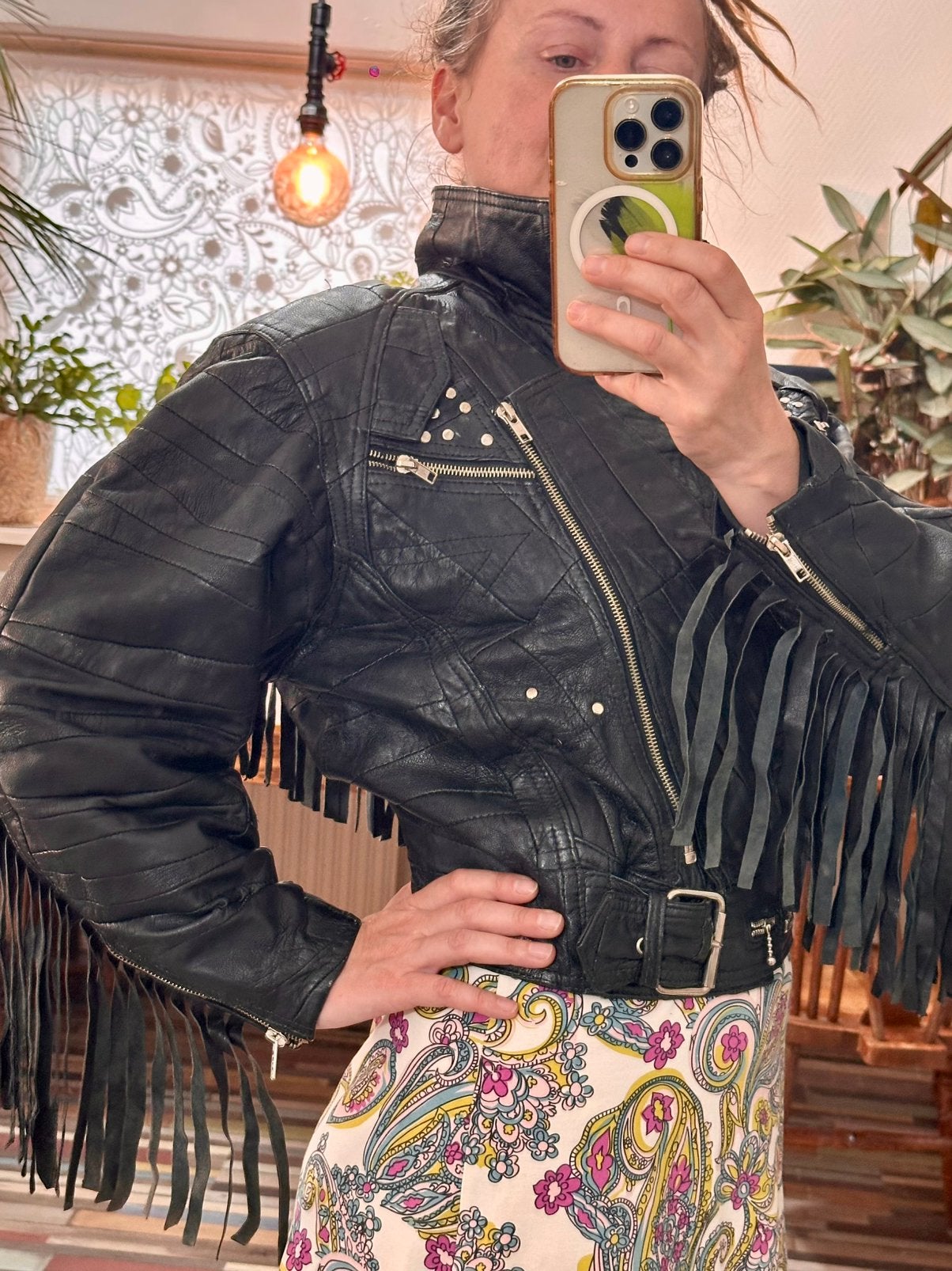 Vintage Leather Fringe Biker Jacket Studded Western Size S, Ophalen of Verzenden, Zo goed als nieuw, Maat 36 (S), Zwart