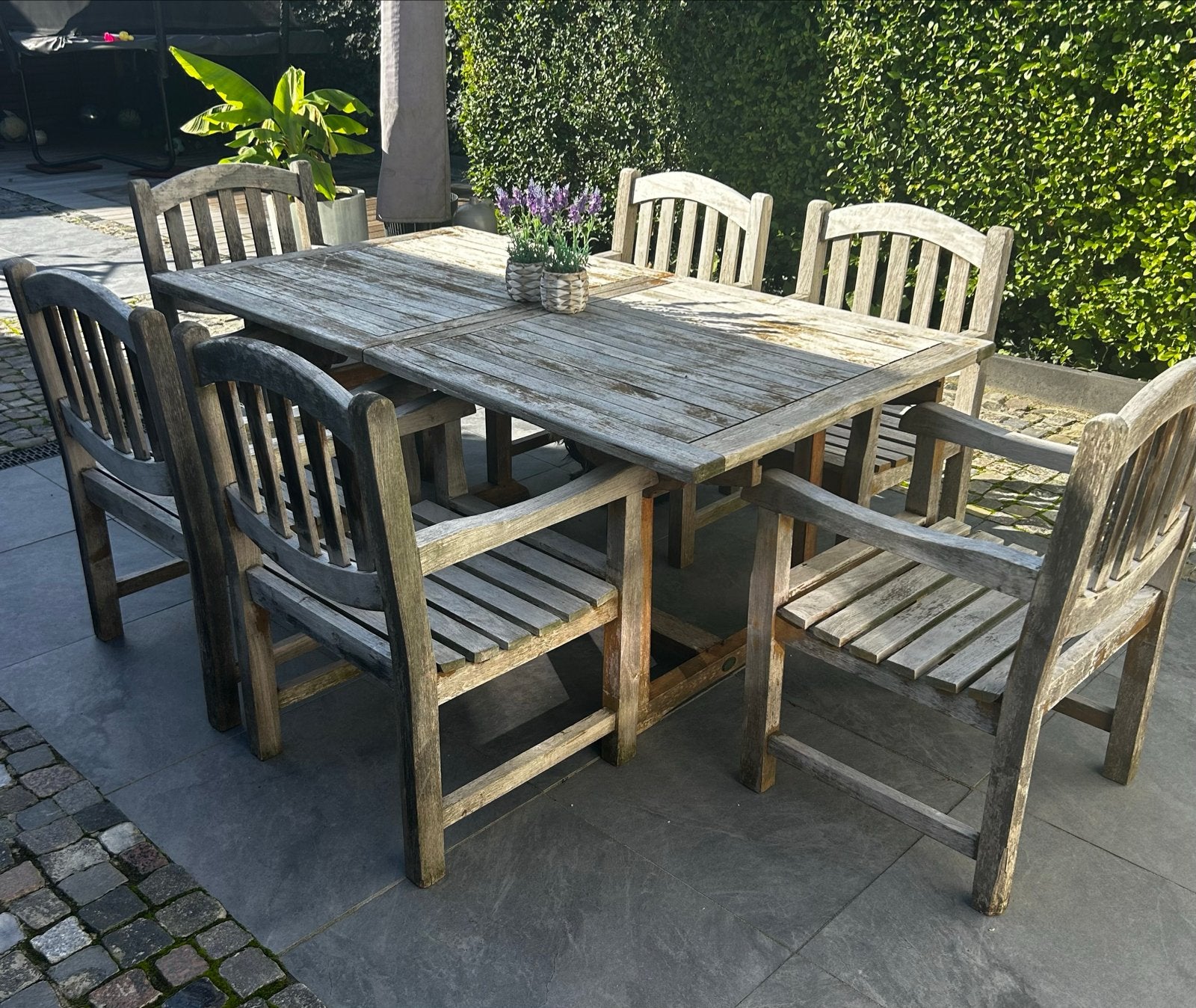 Uitschuifbare tuintafel met 6 stoelen, Tuin en Terras, Ophalen, Gebruikt, Eettafel, 6 zitplaatsen