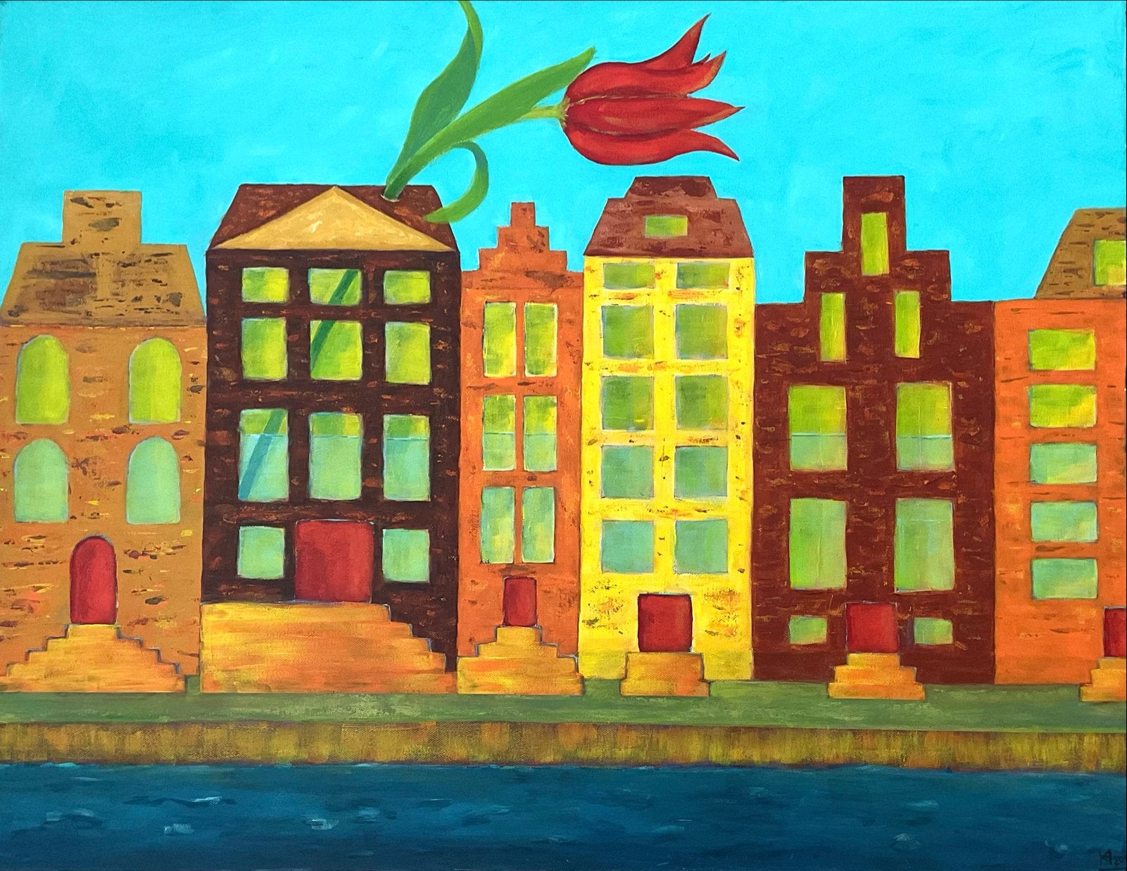 Amsterdam. Kleurrijk grachtenpand met tulp - Acryl op doek, Antiek en Kunst, Kunst | Schilderijen | Klassiek, Ophalen, Acrylverf