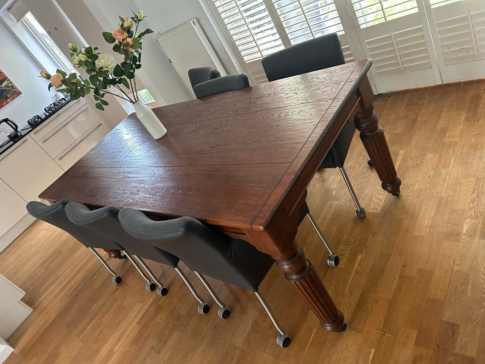 6 Montèl eettafel stoelen met soepele wielen, Huis en Inrichting, Ophalen, Minder dan 50 cm, Gebruikt, Vijf personen of meer