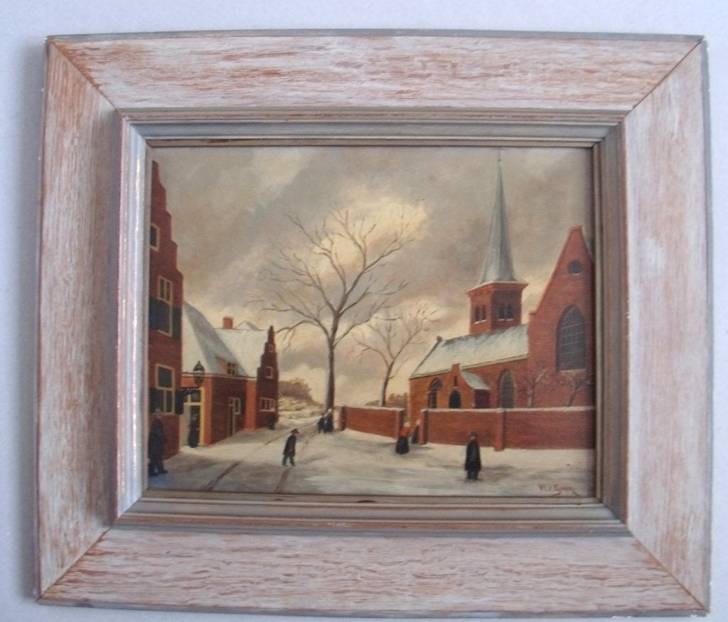W. van Gink - Kerkbrink - olieverf op triplex - gesigneerd, Ophalen of Verzenden