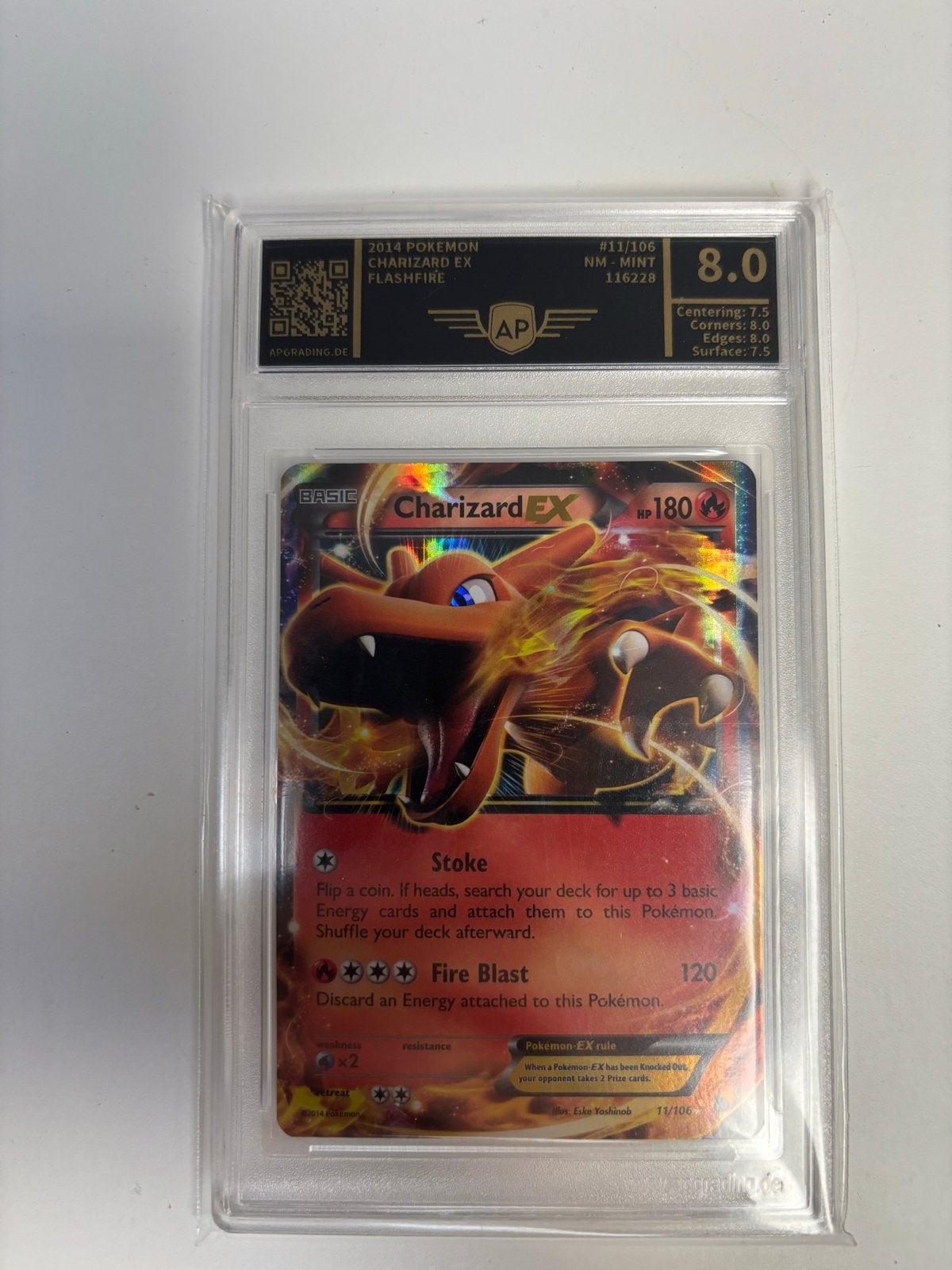 2014 Pokémon Charizard EX Flashfire AP Graded 8.0, Verzenden, Zo goed als nieuw, Losse kaart