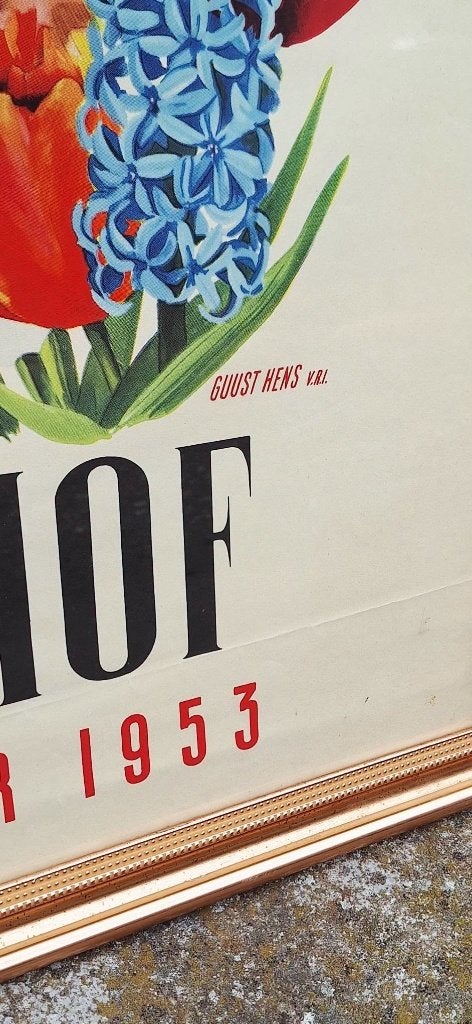 Pracht vintage Keukenhof Lisse Voorjaar 1953 reclameposter., Ophalen, Met lijst, A1 t/m A3, Reclame
