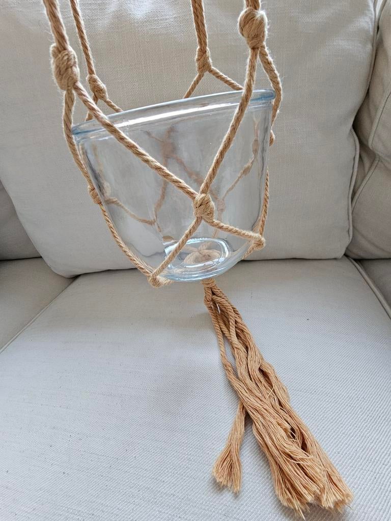 Boho Plantenhanger glazen pot macrame, Ophalen of Verzenden, Zo goed als nieuw, Overige kleuren, Glas
