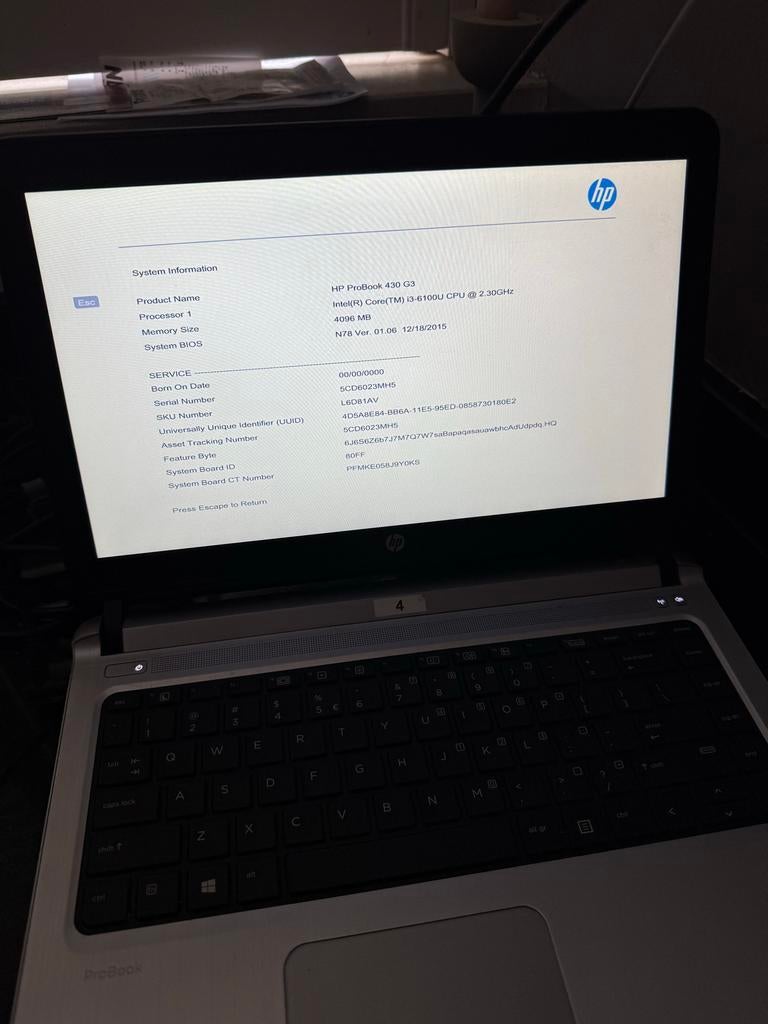 HP ProBook 430 G3 - Kan niet inloggen, HDD, 2 tot 3 Ghz, Qwerty, 13 inch