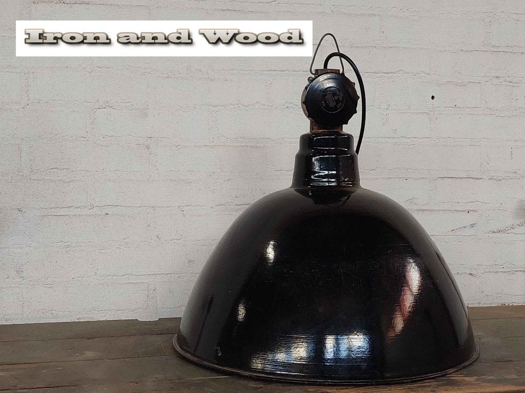 Oude emaille LBL zwarte hanglamp / fabriekslamp afm. D49 H47, Ophalen of Verzenden
