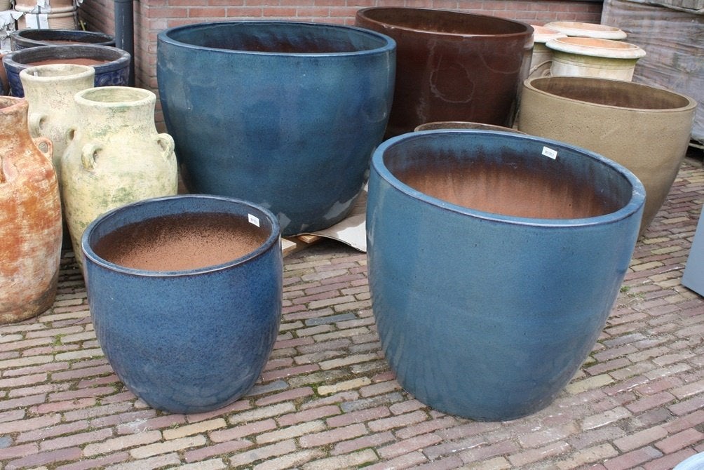 Prachtige GROTE blauwe aardewerk bloempotten geglazuurd rond, Tuin en Terras, Ophalen, 40 cm of meer, Rond, Nieuw