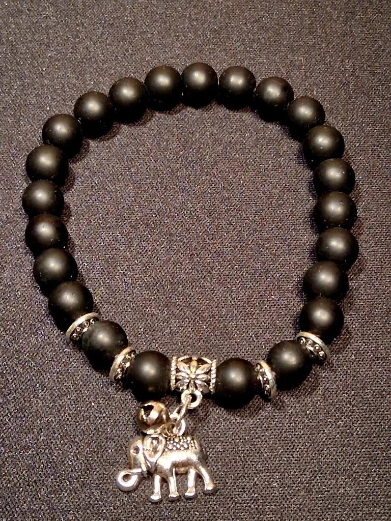 armband zwart matte onyx kralen geluks olifantje, Overige materialen, Met bedels of kralen, Zwart, Nieuw