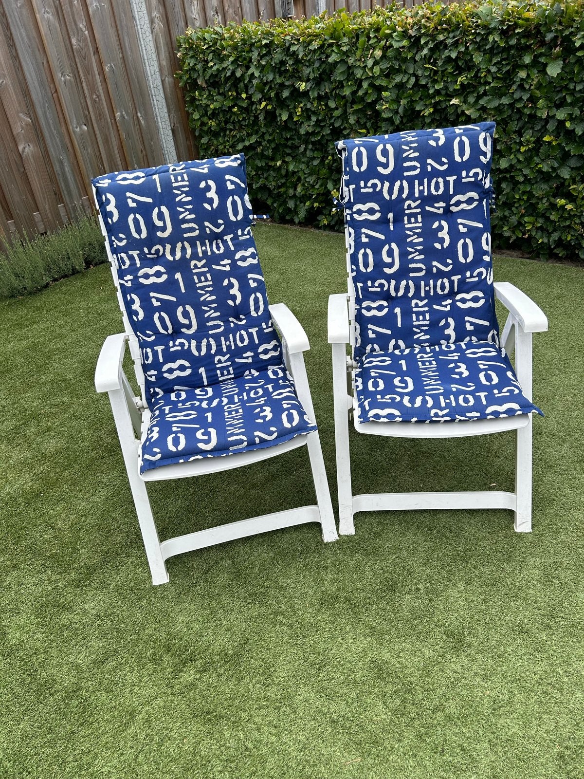 2x Verstelbare tuinstoelen met kussens, Caravans en Kamperen, Ophalen, Gebruikt