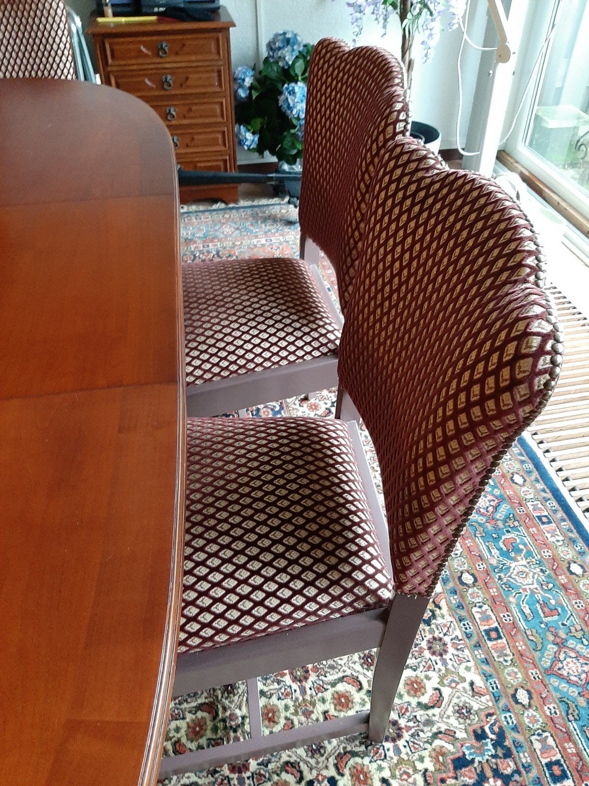 6 Houten Eettafelstoelen met Stoffen Bekleding, Ophalen, Hout, Gebruikt, Overige kleuren