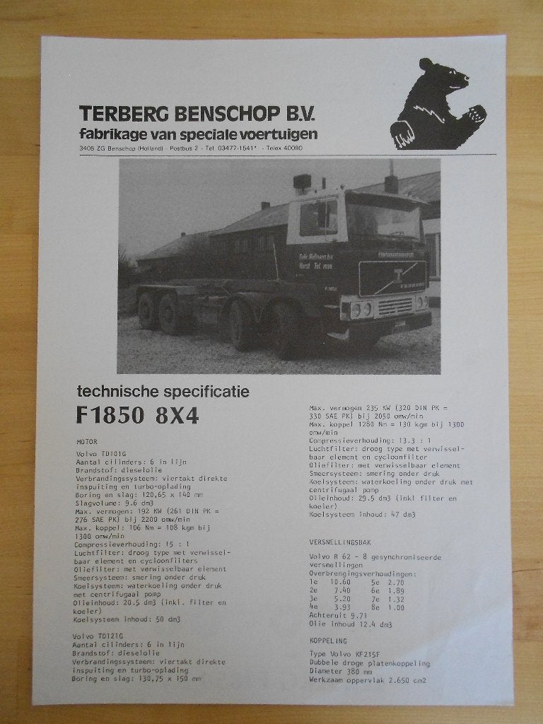 Terberg F1850 8x4 Technische Specificatie Brochure 1980, Ophalen of Verzenden, Zo goed als nieuw, Overige merken, Terberg