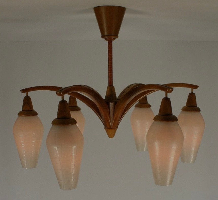 Houten Kroonluchter Scandinavisch design vintage, Ophalen, Glas