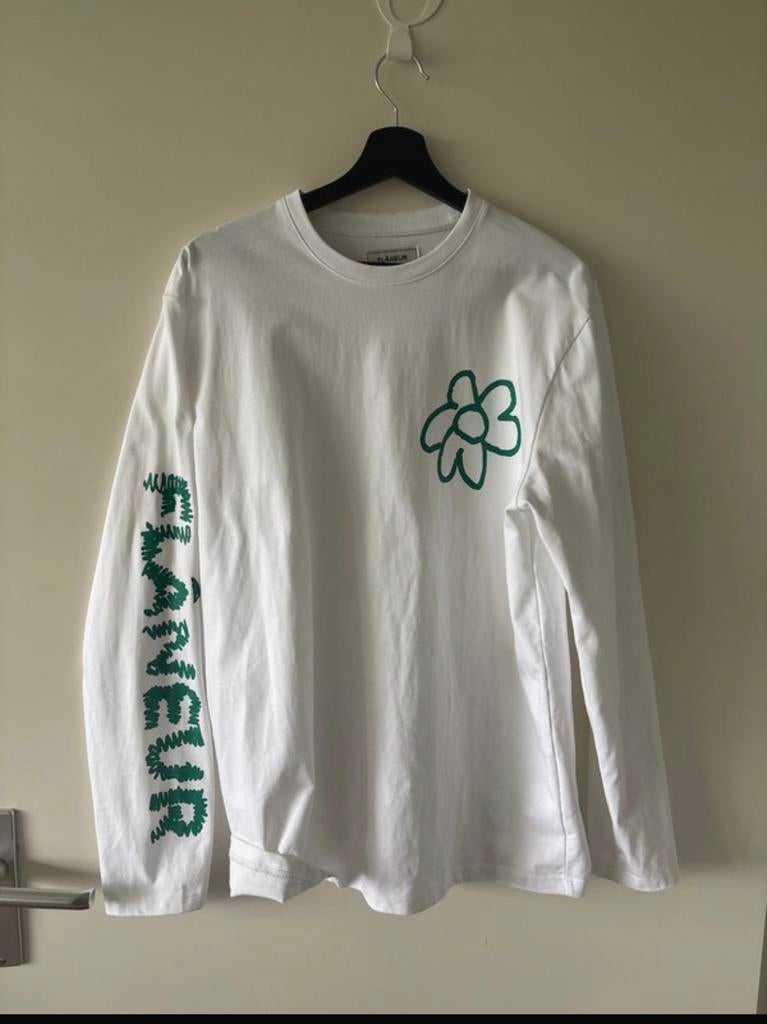 Flâneur Lange Mouwen T-shirt - Wit met Groene Print, Kleding | Heren, Truien en Vesten, Ophalen of Verzenden, Zo goed als nieuw