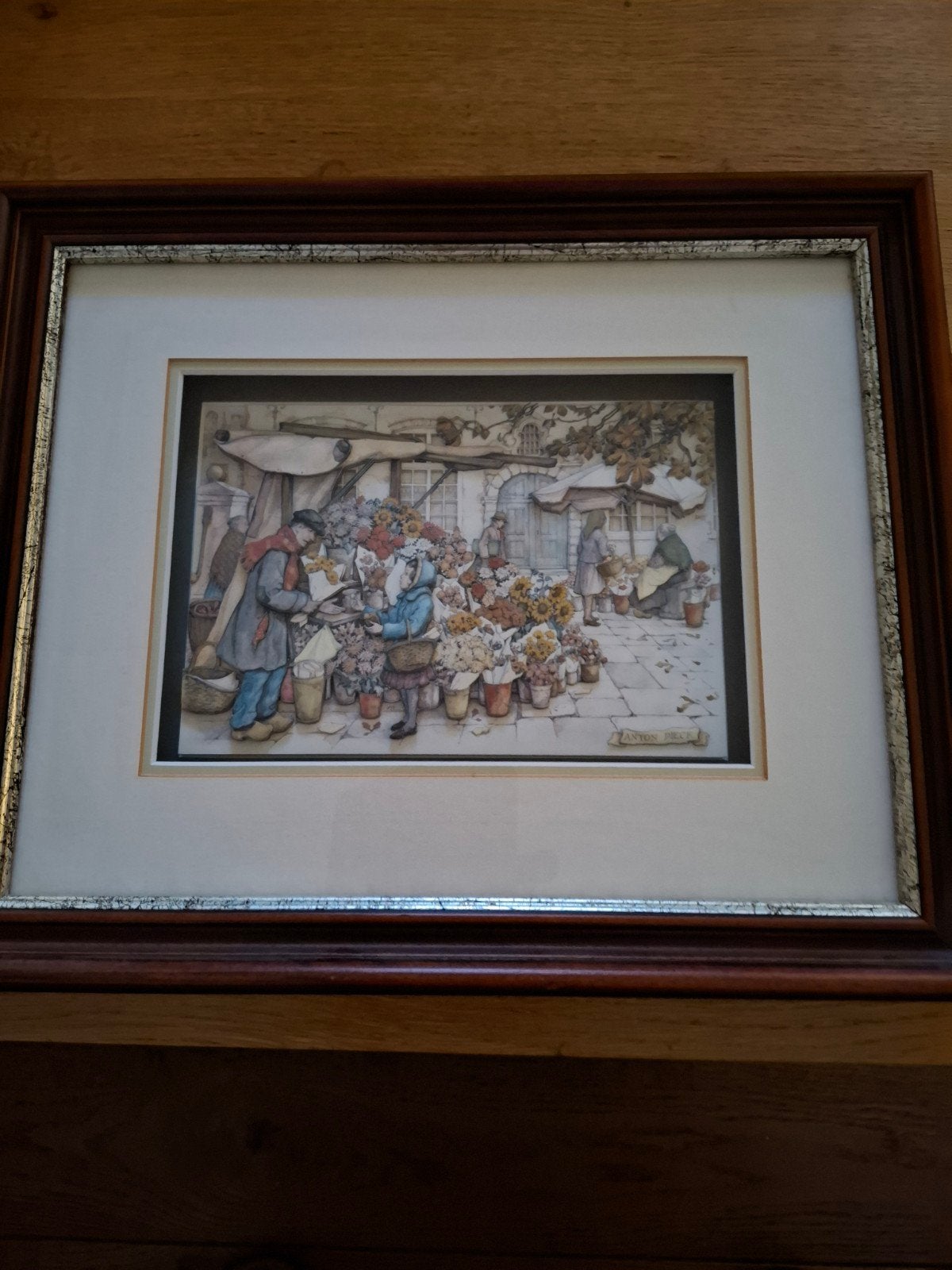 Mooi werk van Anton Pieck 3d - Bloemenmarkt (40x38cm), Ophalen of Verzenden, Klassiek, Print, Ingelijst