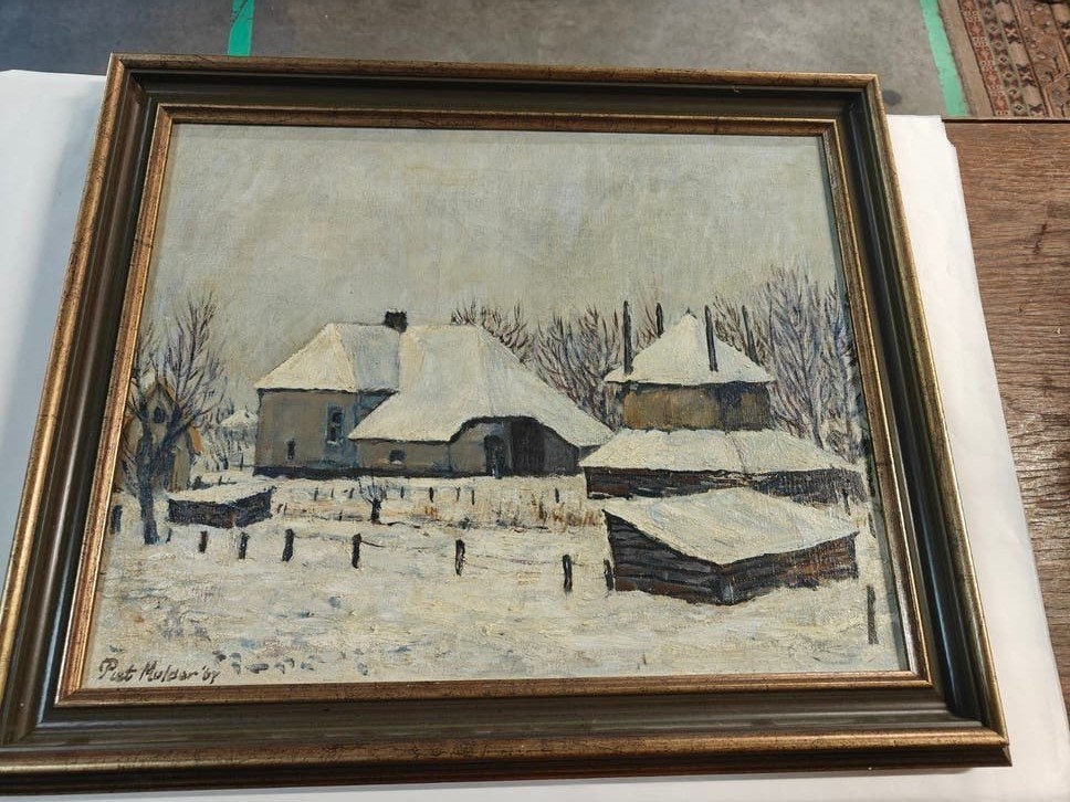 Schilderij Piet Mulder '67 - Winterlandschap Geldermalsen, Antiek en Kunst, Ophalen, Doek, Realistisch, Stads- / dorpsgezicht