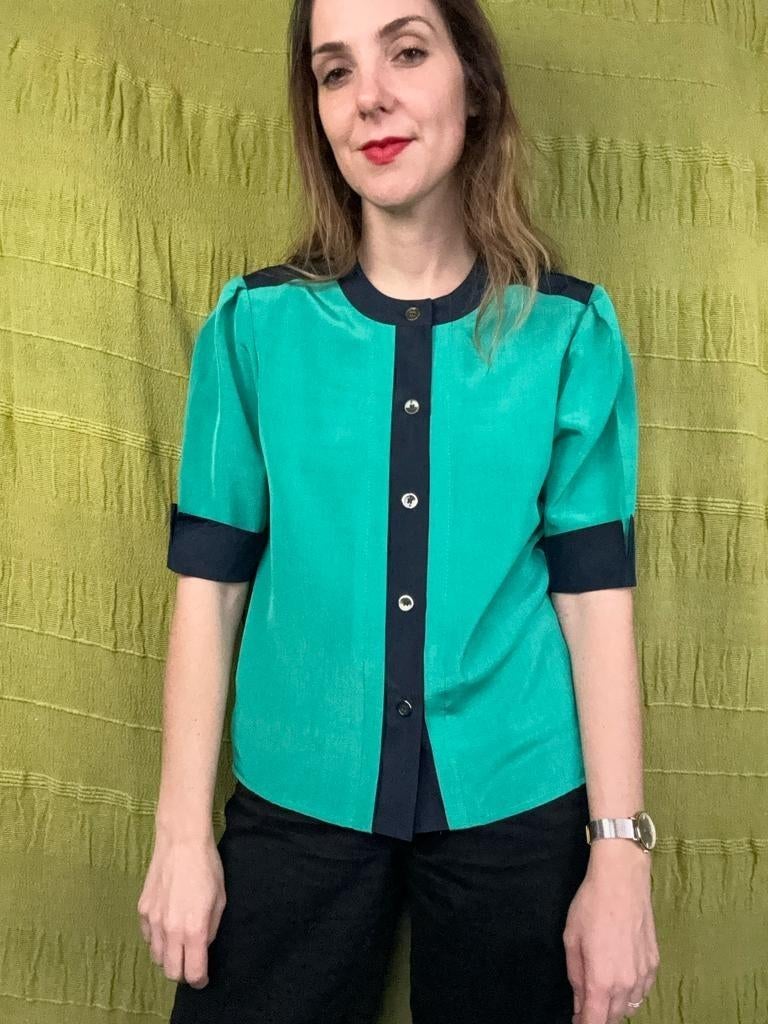 Vintage blouse, maat 38/M - groen & donkerblauw - 90's, Blauw, ,, Ophalen of Verzenden, Vintage