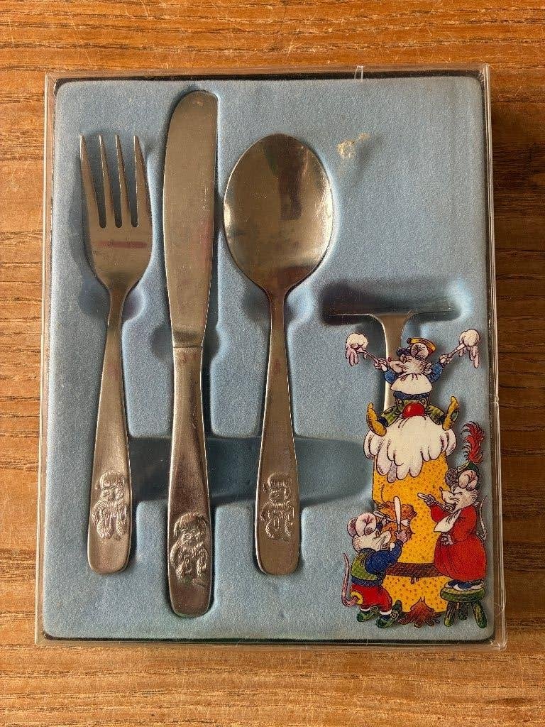 Vintage Amefa kinderbestek beer - mes vork lepel schuivertje, Antiek en Kunst, Ophalen of Verzenden