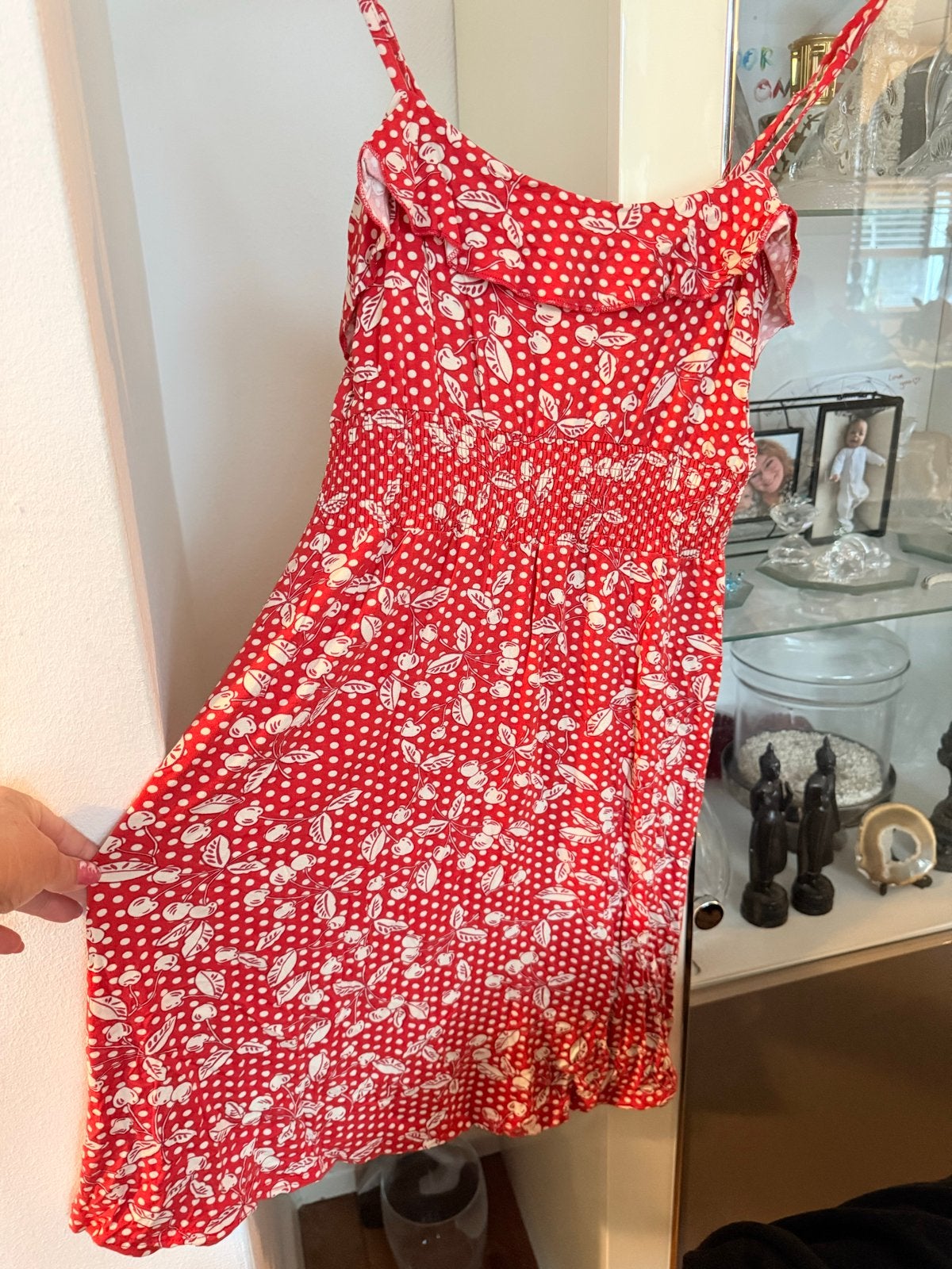 Rode jurk met stippen en kersenprint L - Soho Collection, Maat 42/44 (L), Ophalen of Verzenden, Zo goed als nieuw, Knielengte