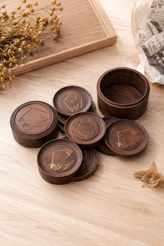 Houten onderzetters set met houder, handgemaakt, Ophalen of Verzenden, Zo goed als nieuw, Glas of Kopje