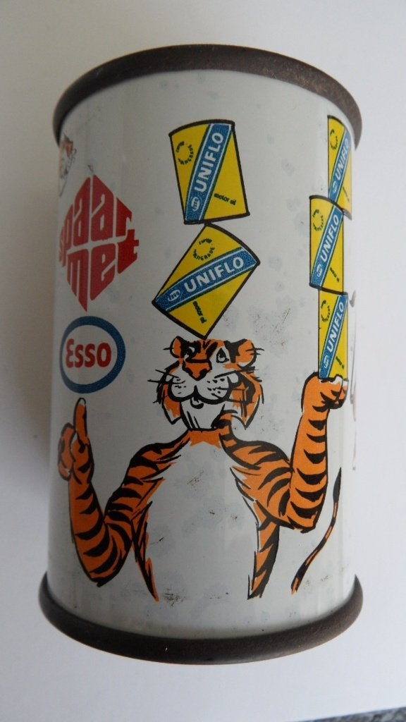 Esso motorolie spaarpot blikje, stop een tijger in uw tank, Verzamelen, Verzenden, Gebruikt, Gebruiksvoorwerp